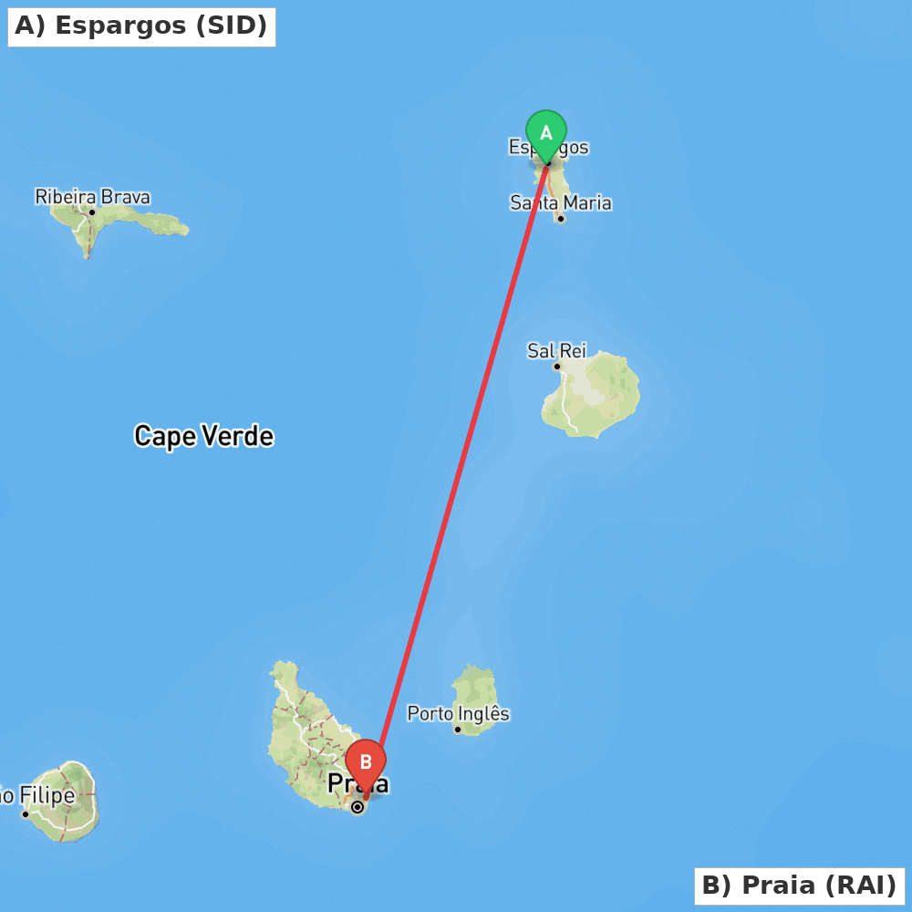 Flight route map from Espargos to Praia