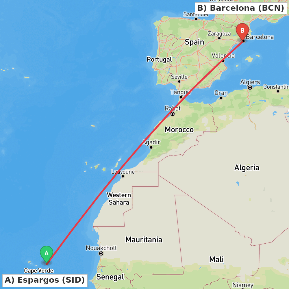 Flight route map from Espargos to Barcelona