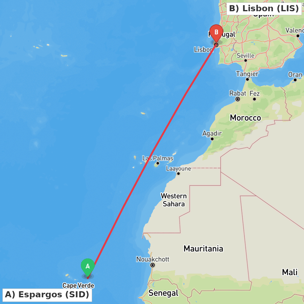 Flight route map from Espargos to Lisbon