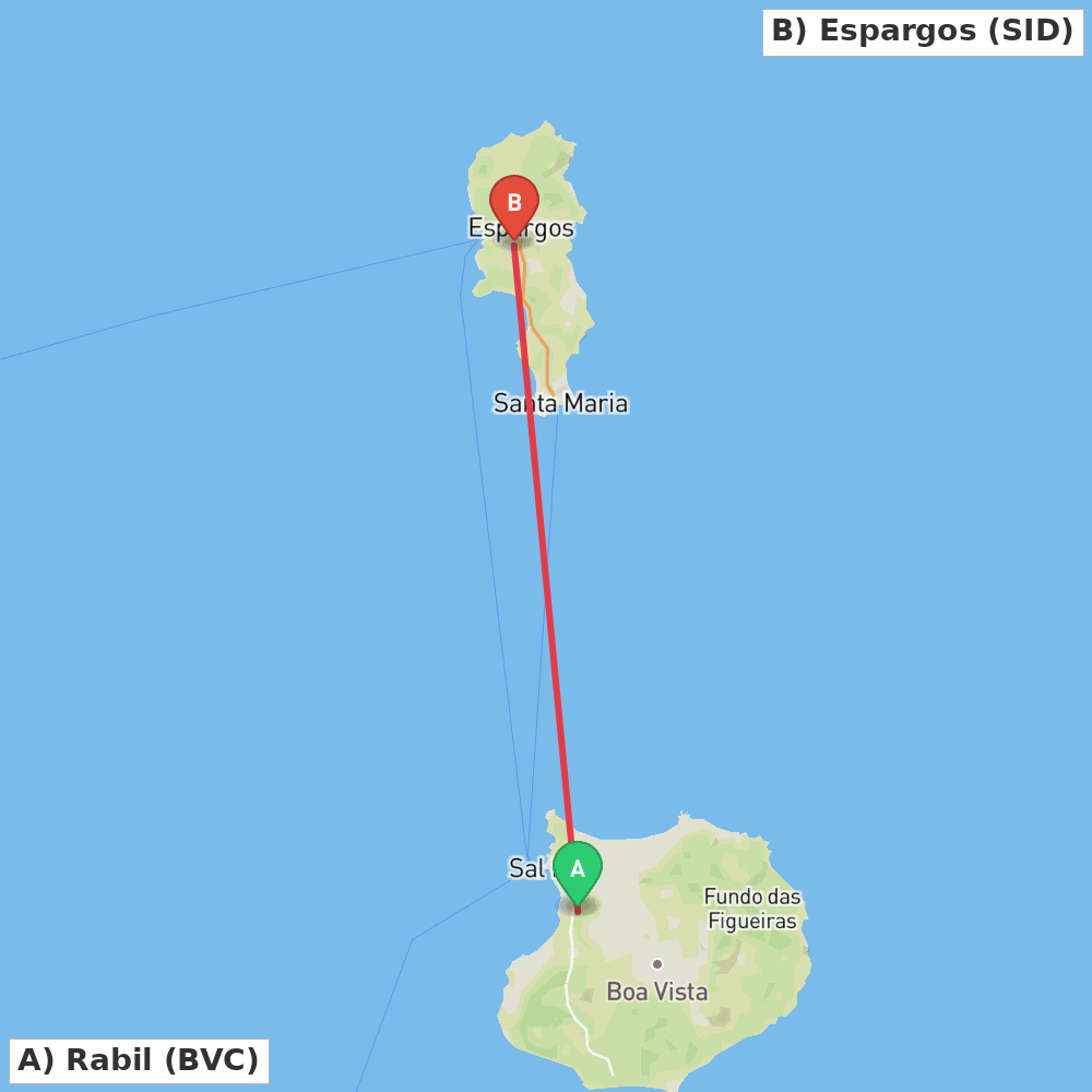Flight route map from Rabil to Espargos