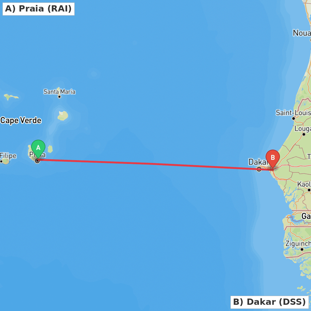 Flight route map from Praia to Dakar