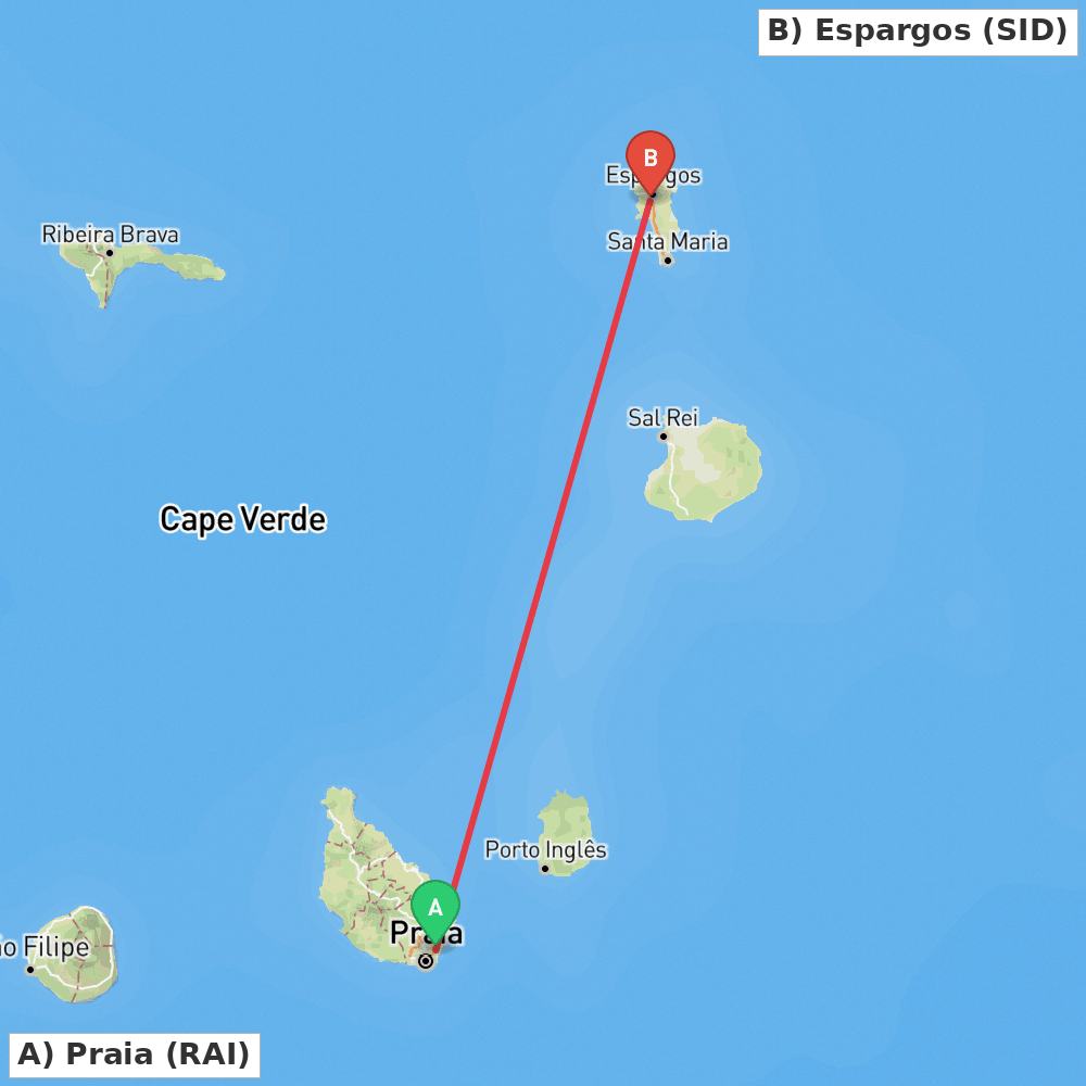 Flight route map from Praia to Espargos