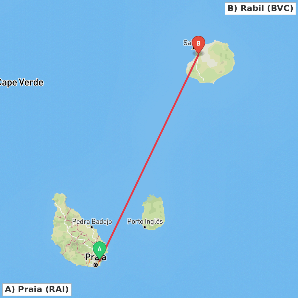 Flight route map from Praia to Rabil