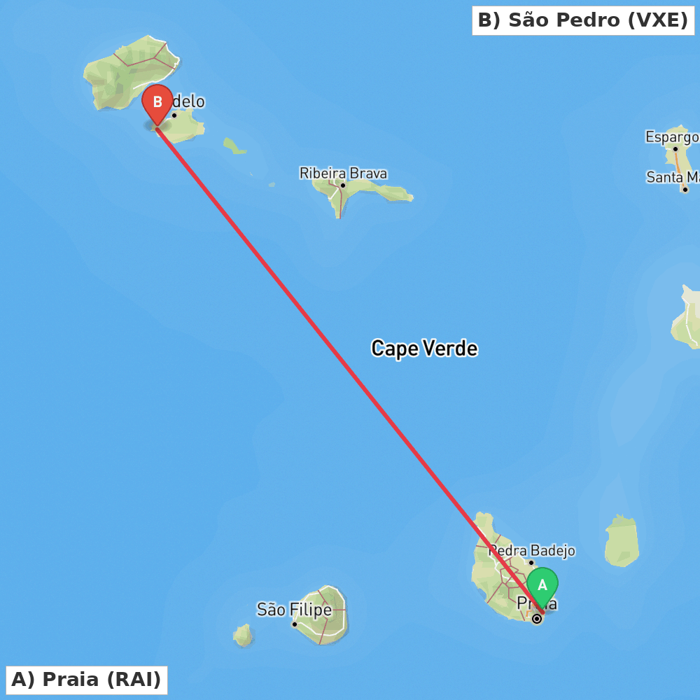 Flight route map from Praia to São Pedro