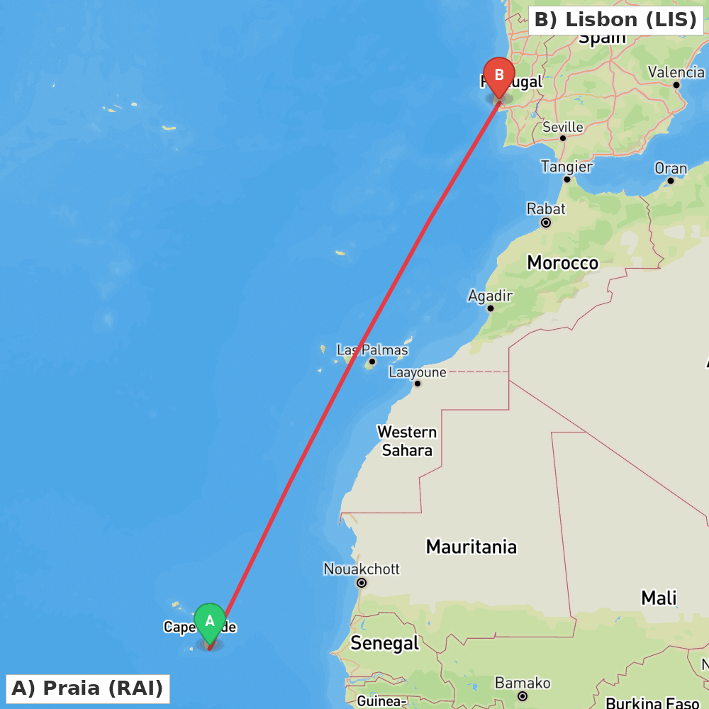 Flight route map from Praia to Lisbon