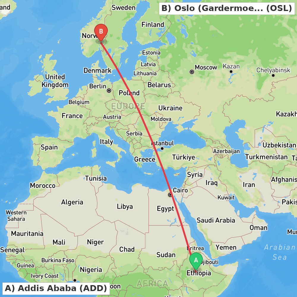 Flight route map from Addis Ababa to Oslo (Gardermoen)