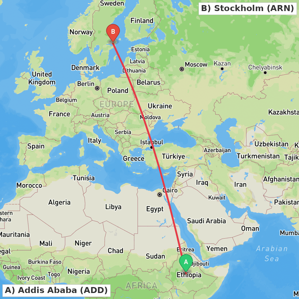 Flight route map from Addis Ababa to Stockholm