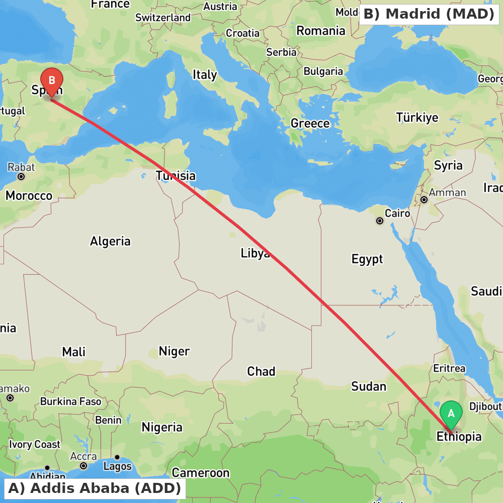 Flight route map from Addis Ababa to Madrid