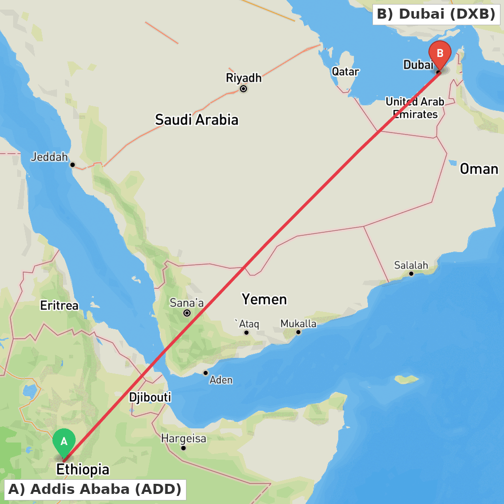 Flight route map from Addis Ababa to Dubai