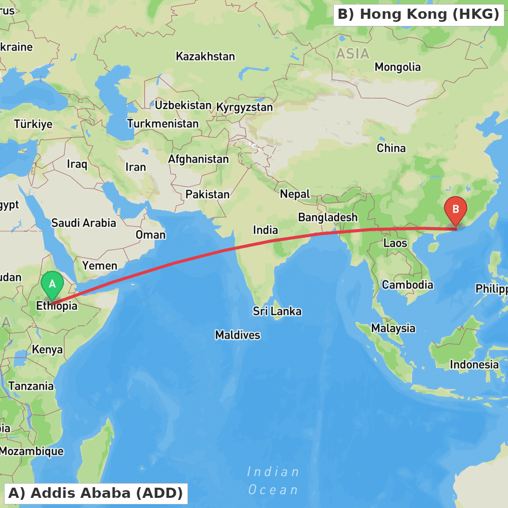 Flight route map from Addis Ababa to Hong Kong