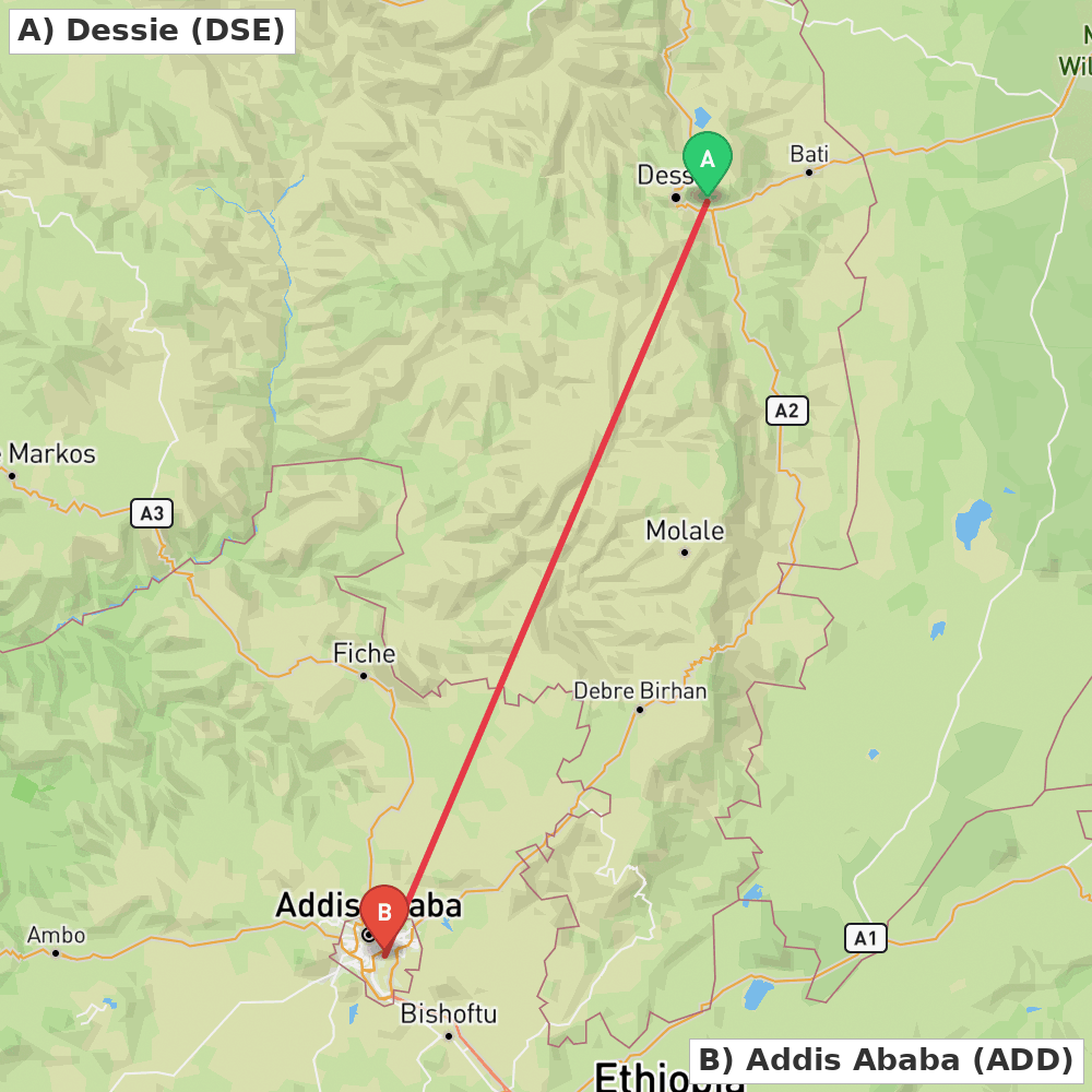 Flight route map from Dessie to Addis Ababa