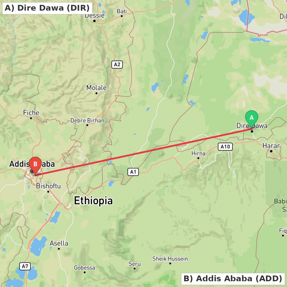 Flight route map from Dire Dawa to Addis Ababa