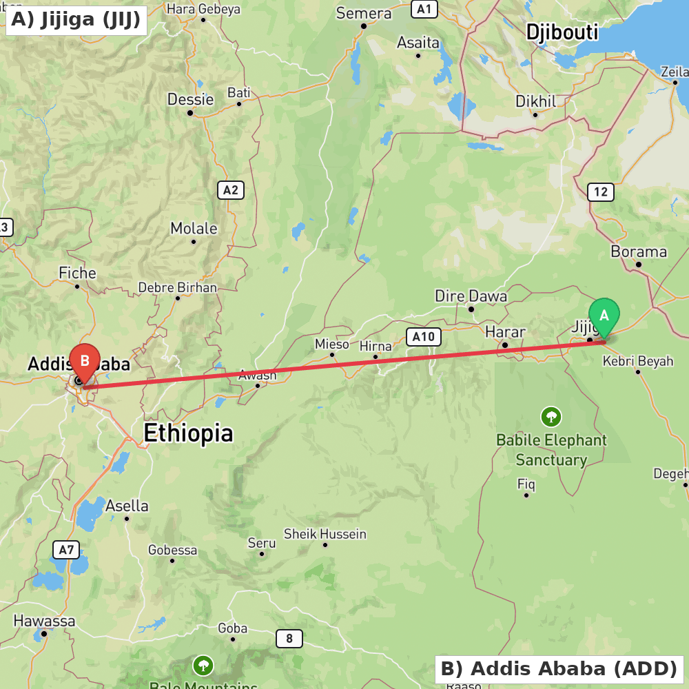 Flight route map from Jijiga to Addis Ababa
