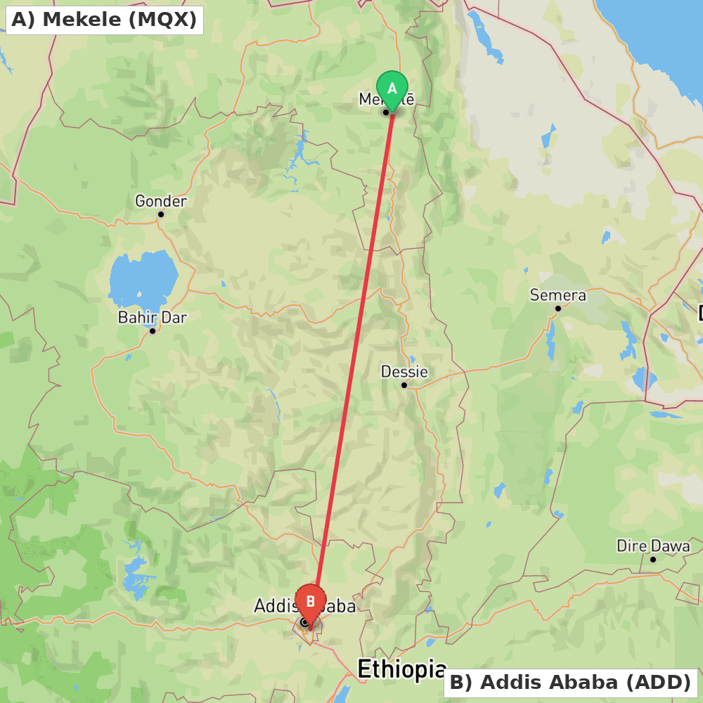 Flight route map from Mekele to Addis Ababa