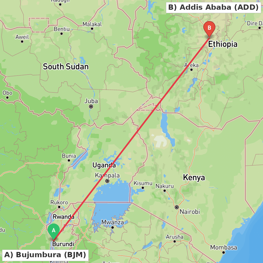 Flight route map from Bujumbura to Addis Ababa