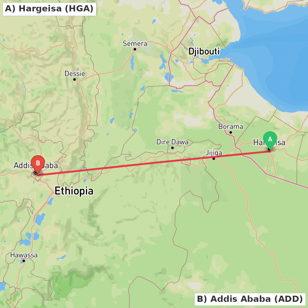 Flight route map from Hargeisa to Addis Ababa