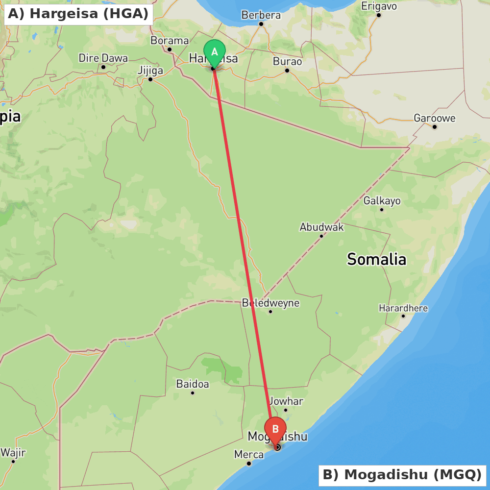 Flight route map from Hargeisa to Mogadishu