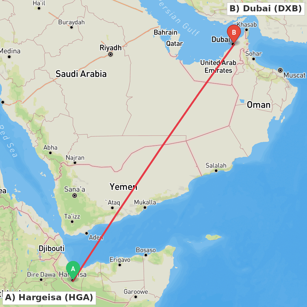 Flight route map from Hargeisa to Dubai