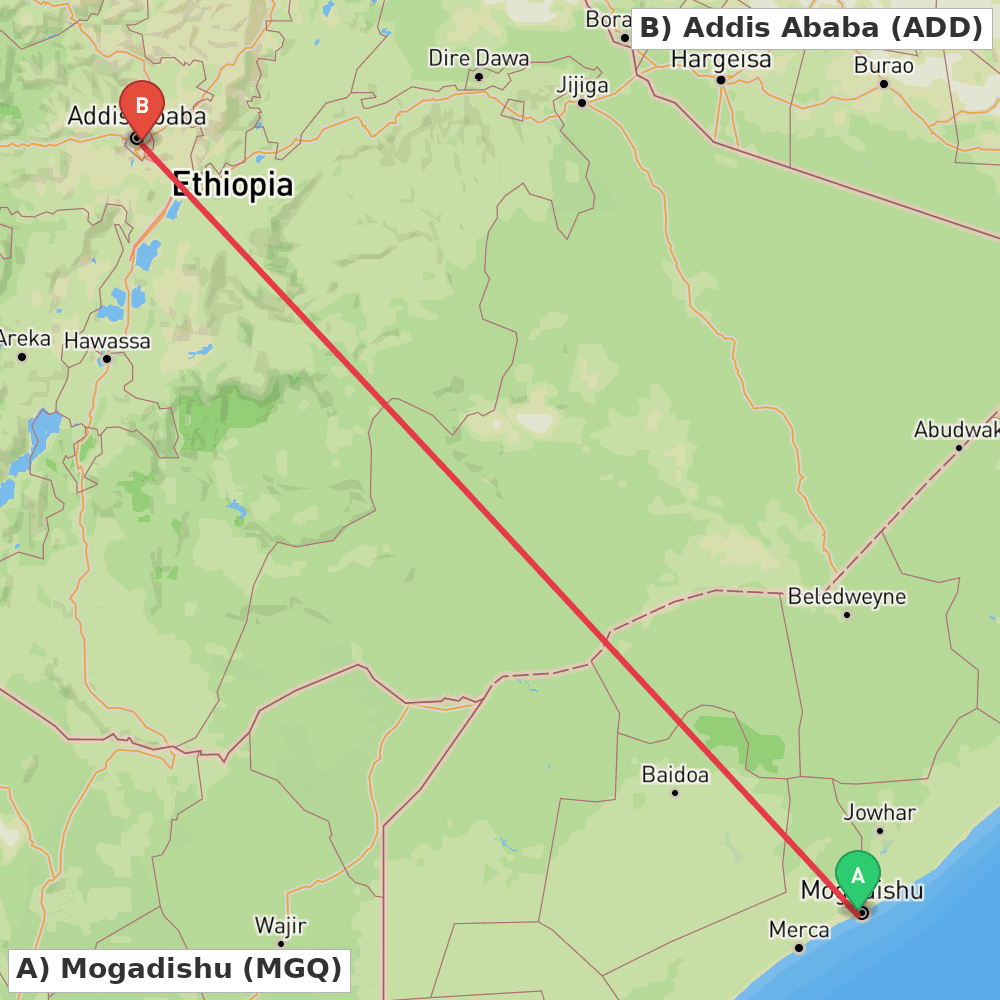 Flight route map from Mogadishu to Addis Ababa