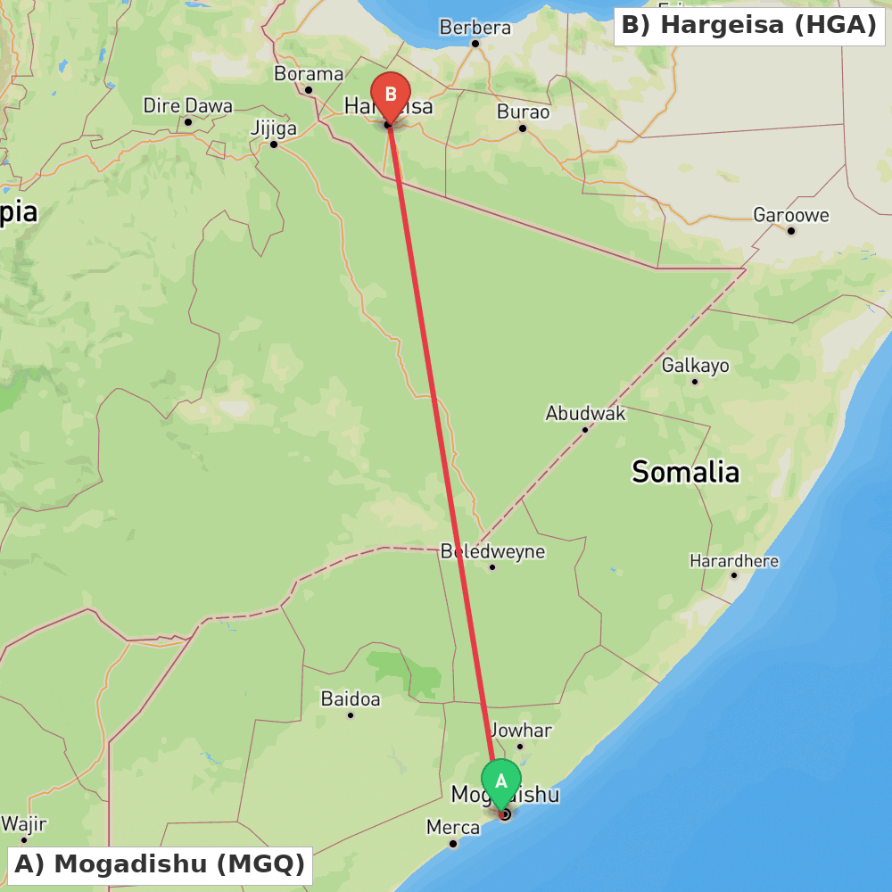 Flight route map from Mogadishu to Hargeisa