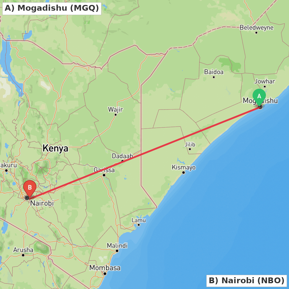 Flight route map from Mogadishu to Nairobi
