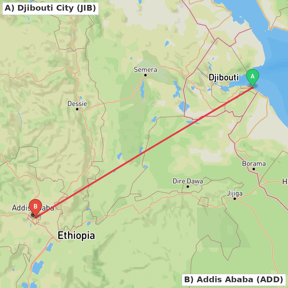 Flight route map from Djibouti City to Addis Ababa