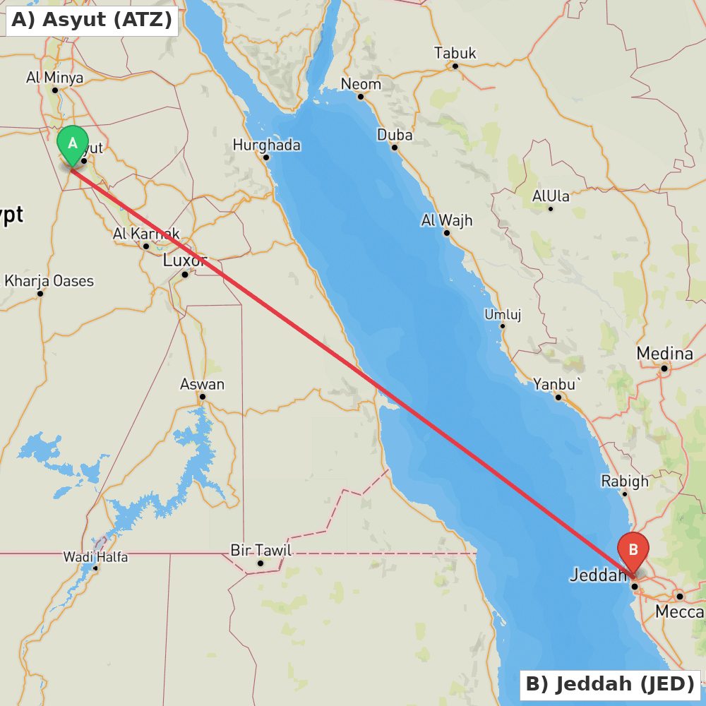 Flight route map from Asyut to Jeddah