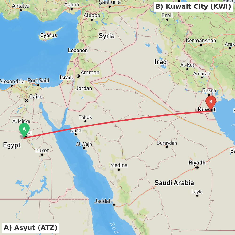 Flight route map from Asyut to Kuwait City