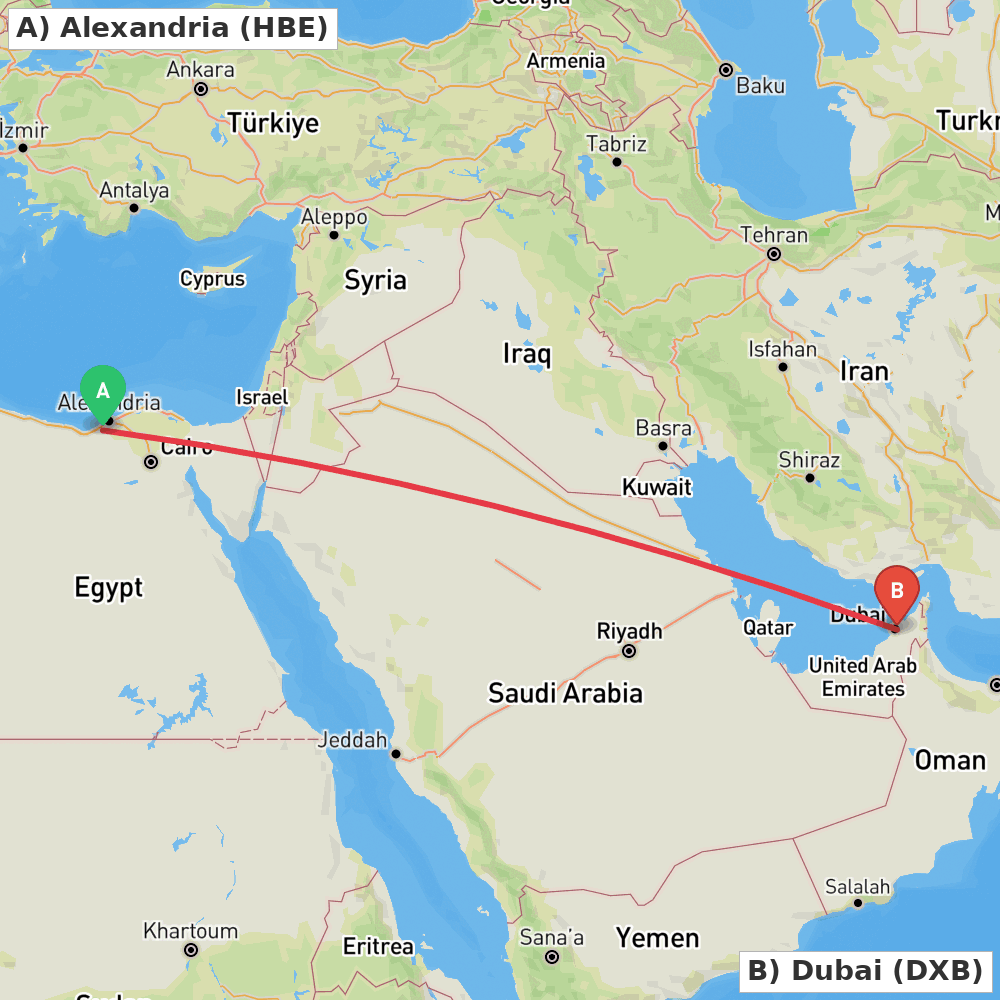 Flight route map from Alexandria to Dubai