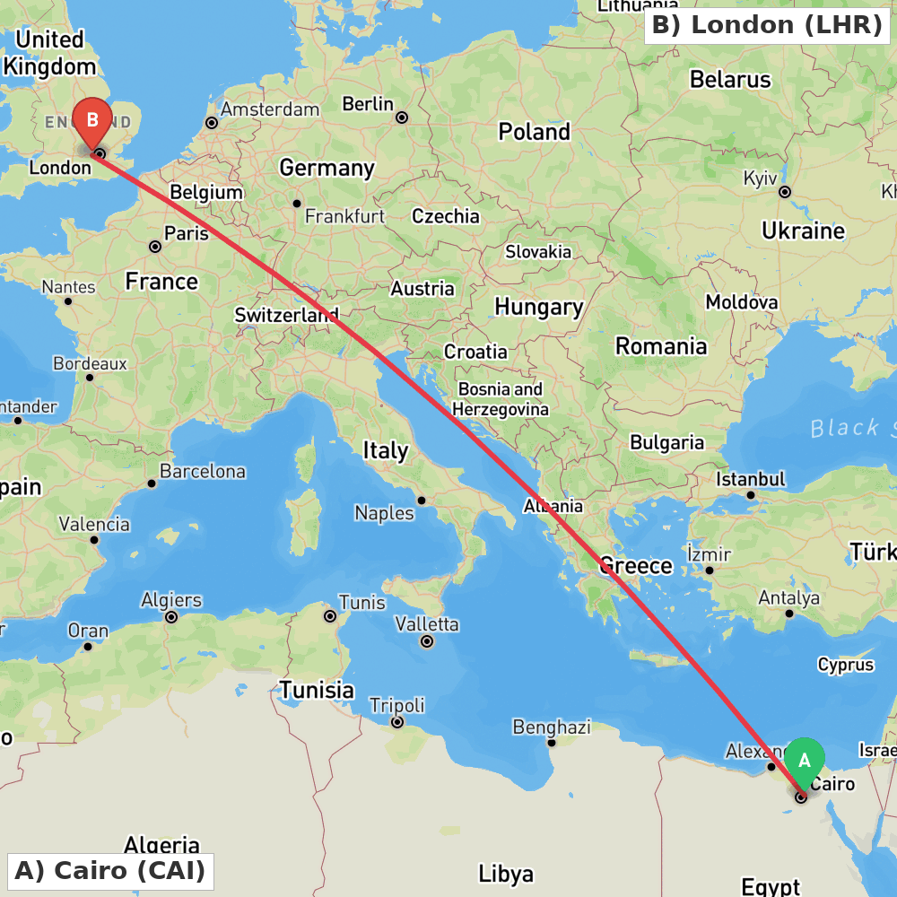 Flight route map from Cairo to London