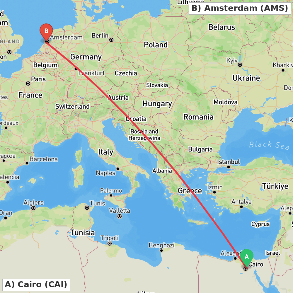Flight route map from Cairo to Amsterdam