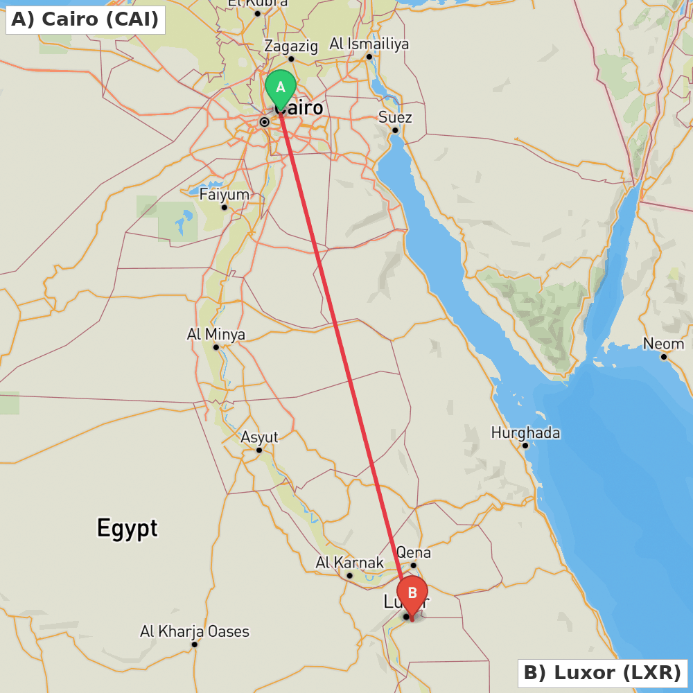 Flight route map from Cairo to Luxor
