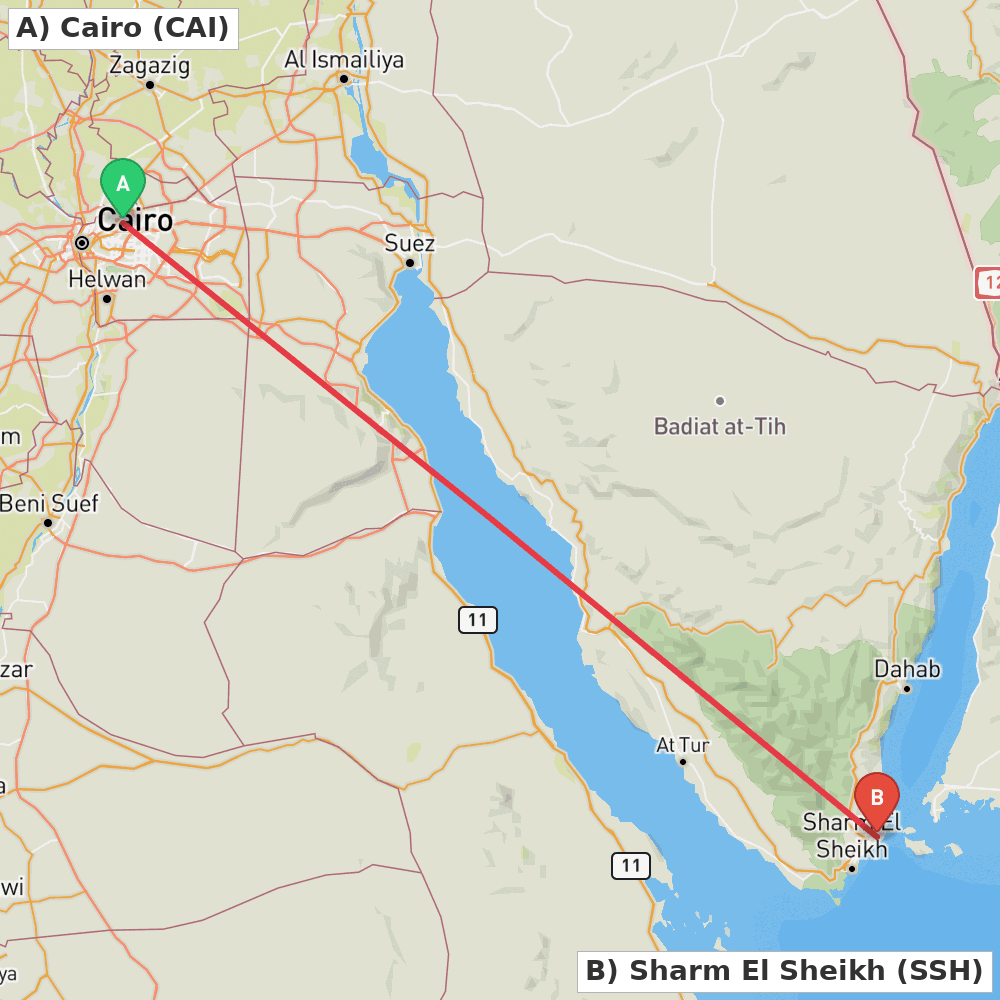 Flight route map from Cairo to Sharm El Sheikh