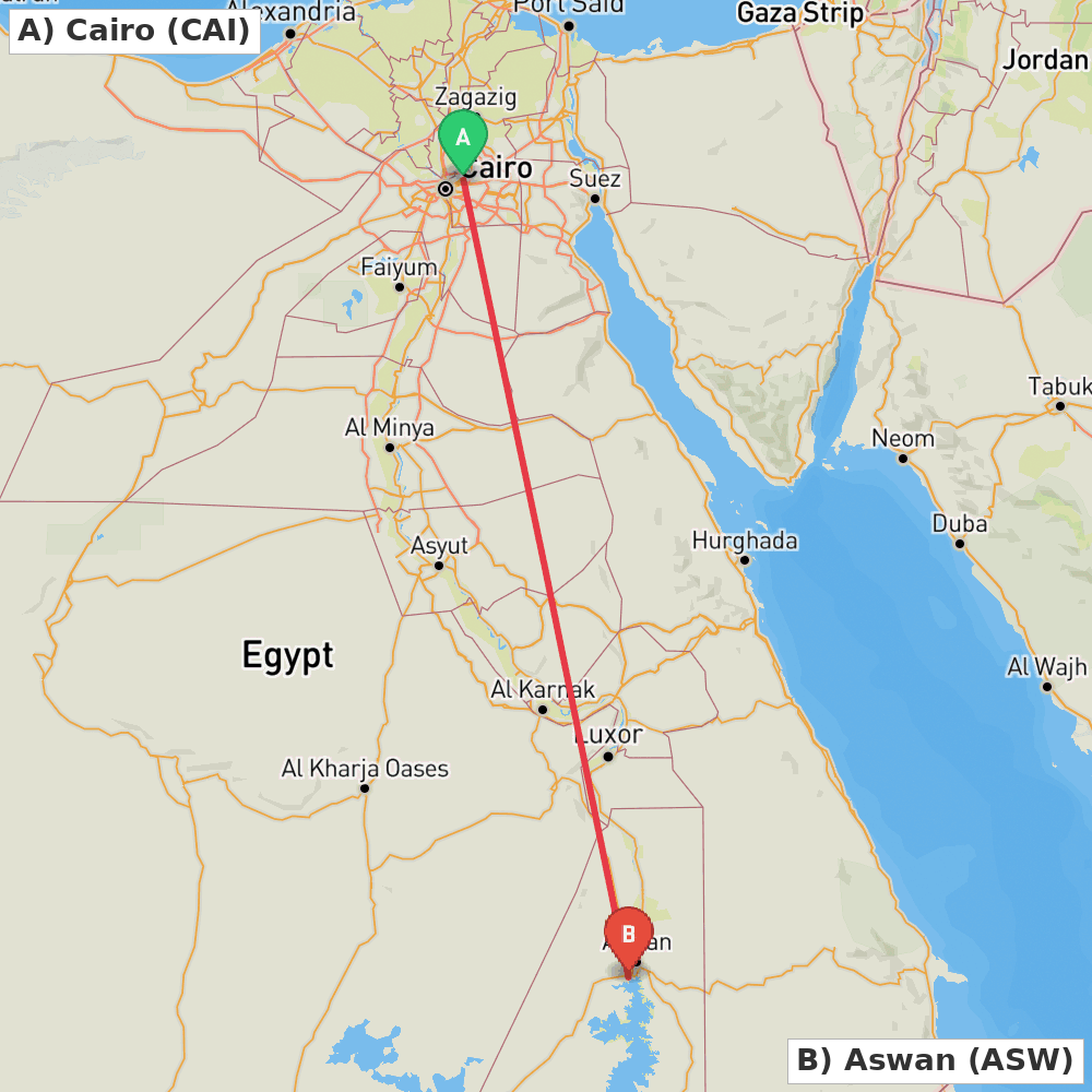 Flight route map from Cairo to Aswan