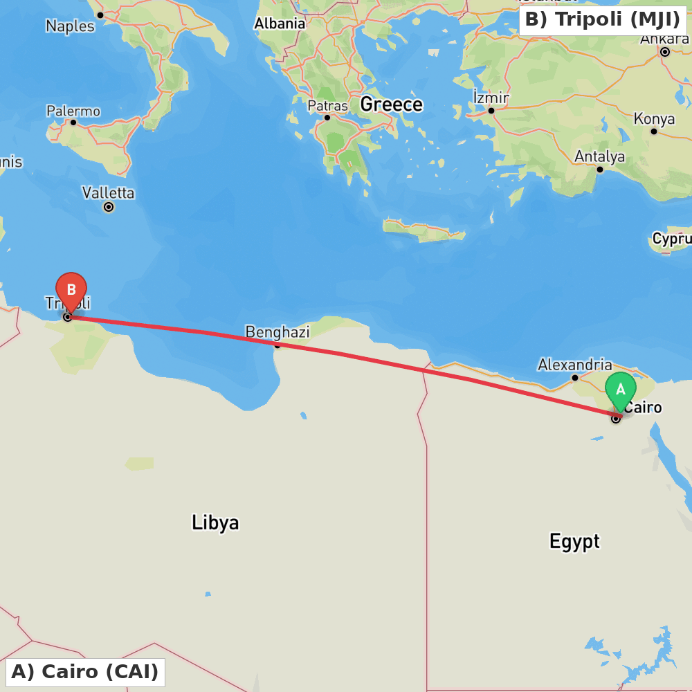 Flight route map from Cairo to Tripoli