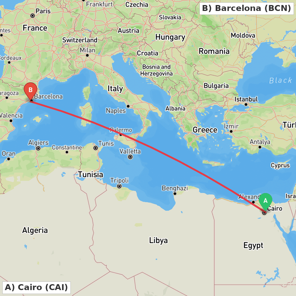 Flight route map from Cairo to Barcelona
