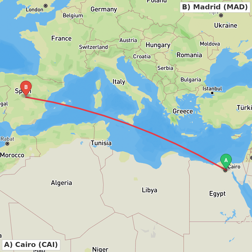 Flight route map from Cairo to Madrid
