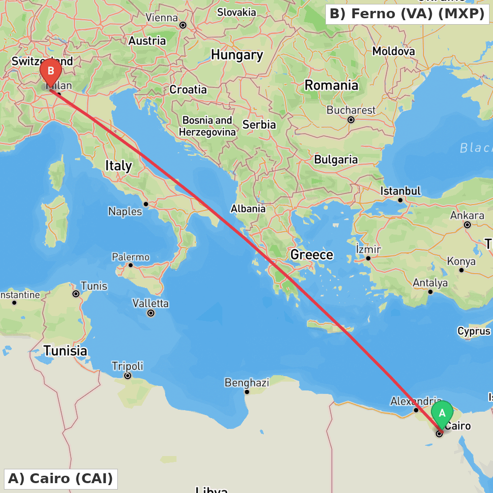 Flight route map from Cairo to Ferno (VA)