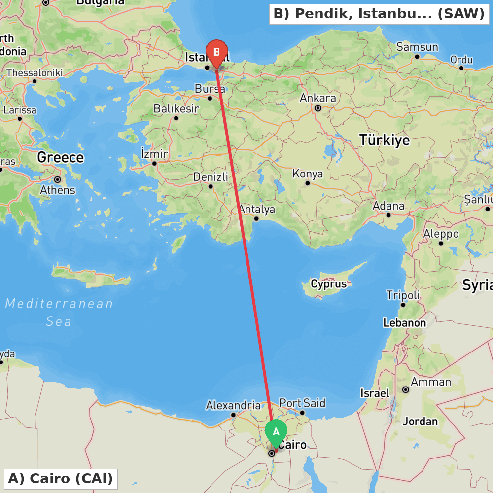 Flight route map from Cairo to Pendik, Istanbul
