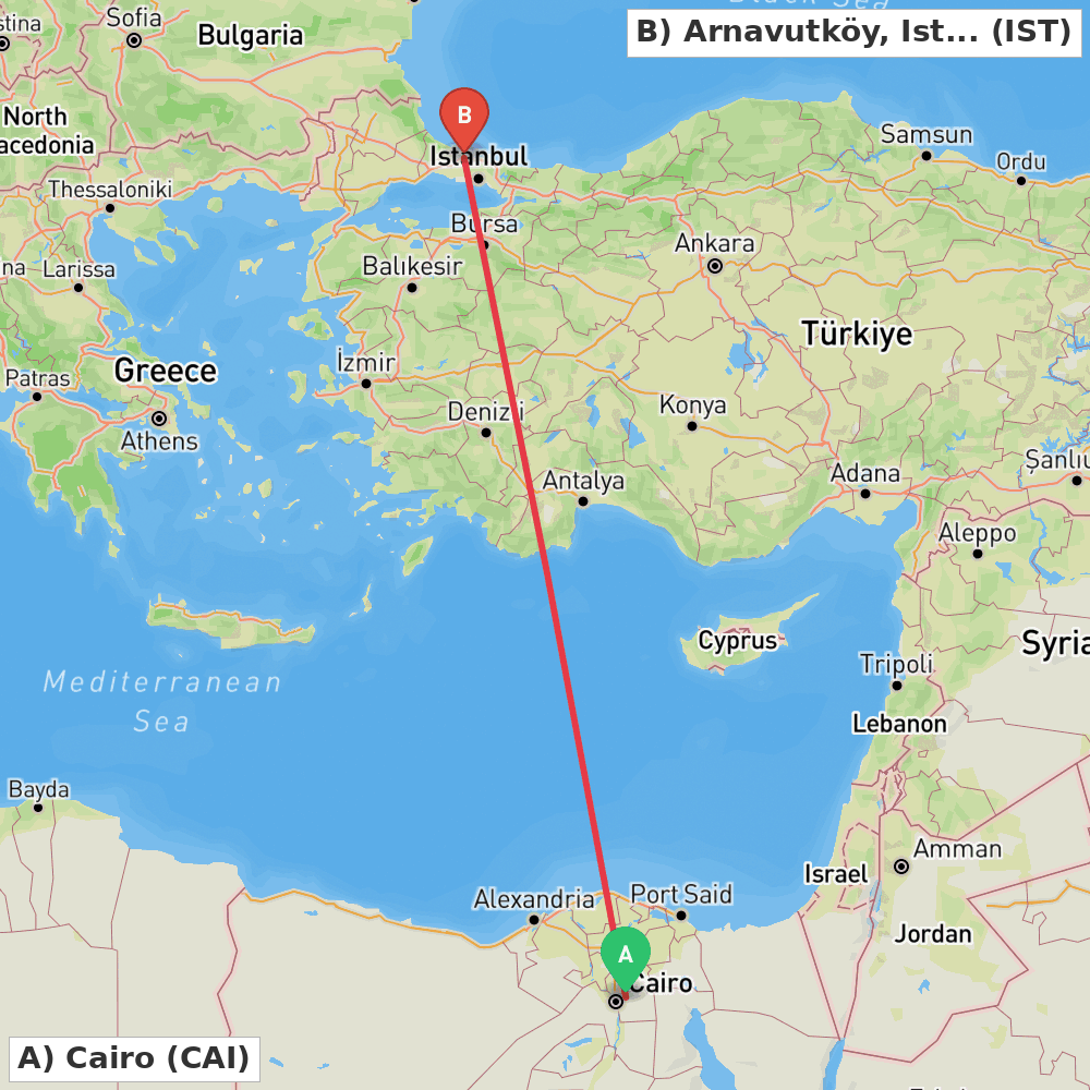 Flight route map from Cairo to Arnavutköy, Istanbul