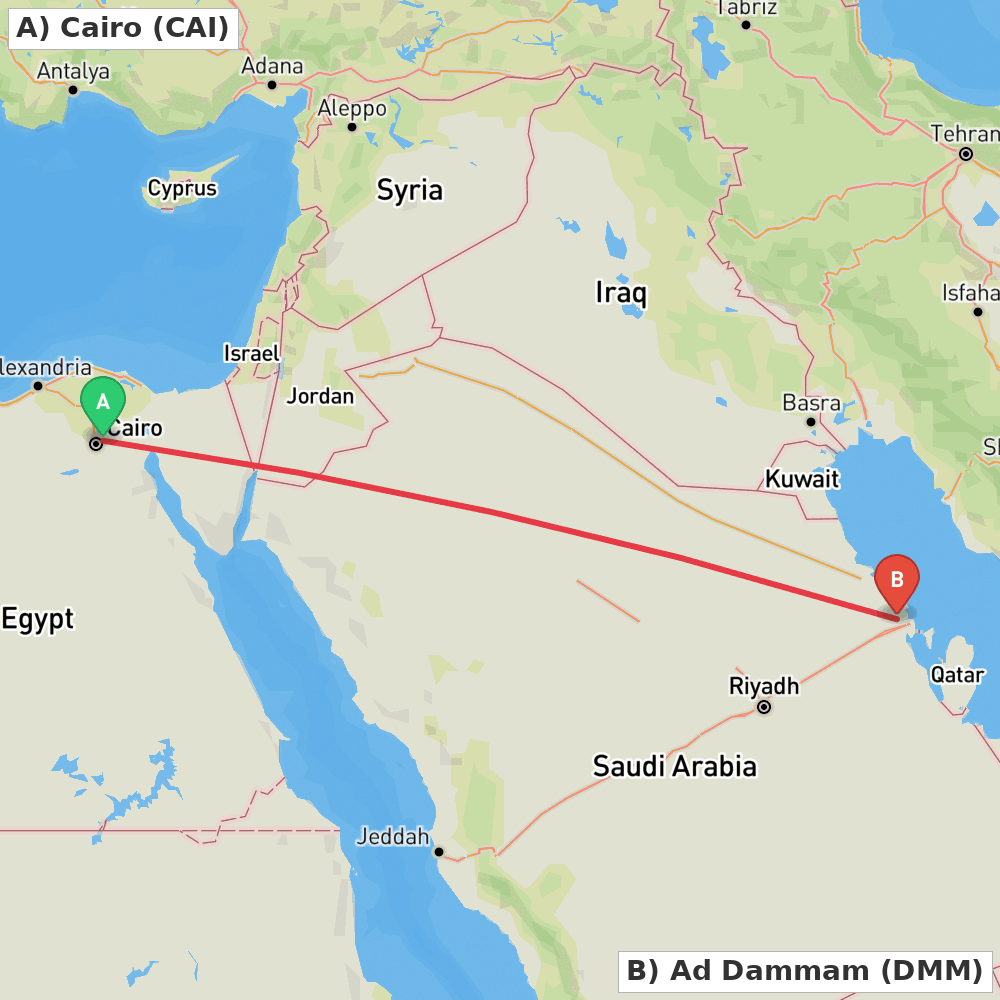Flight route map from Cairo to Ad Dammam