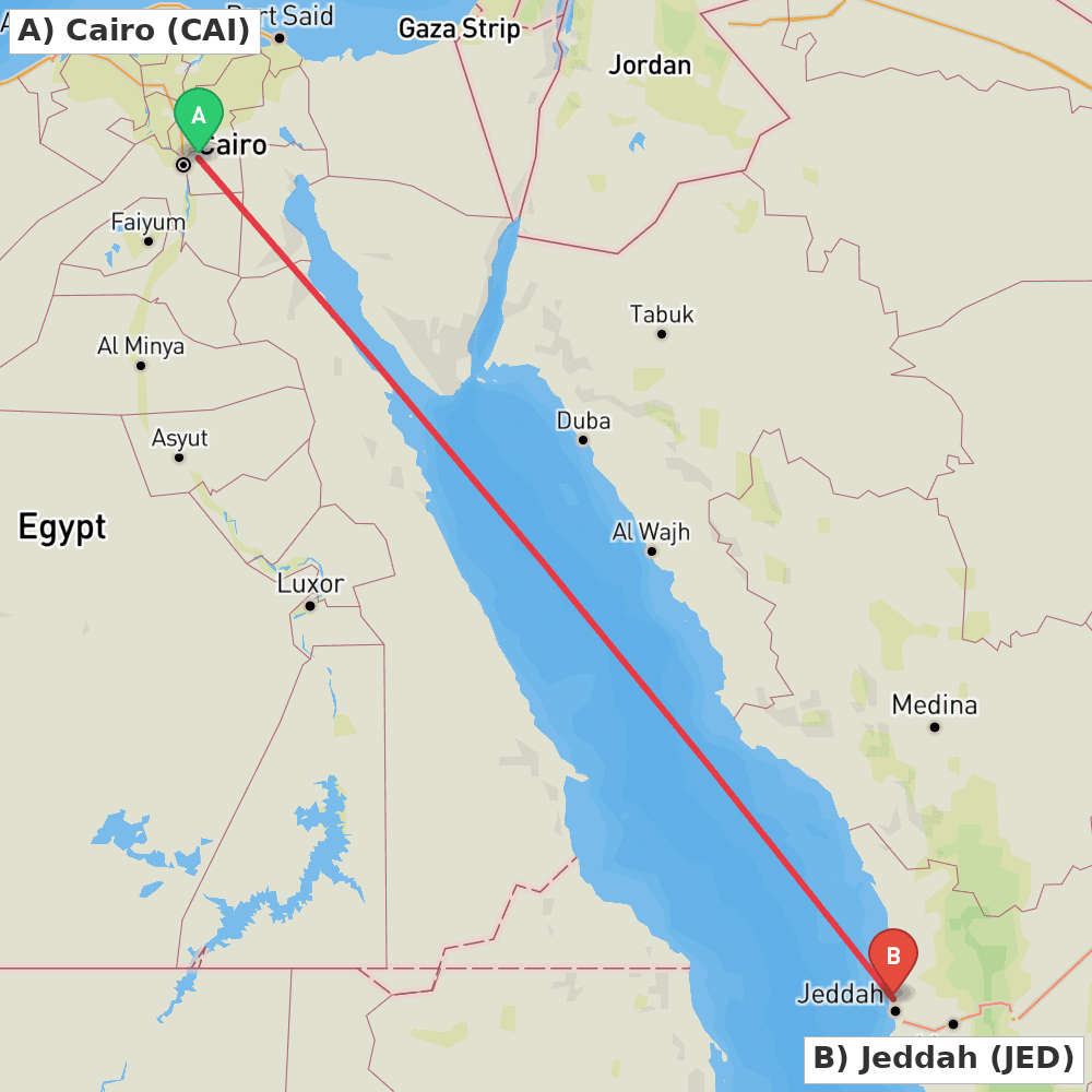 Flight route map from Cairo to Jeddah