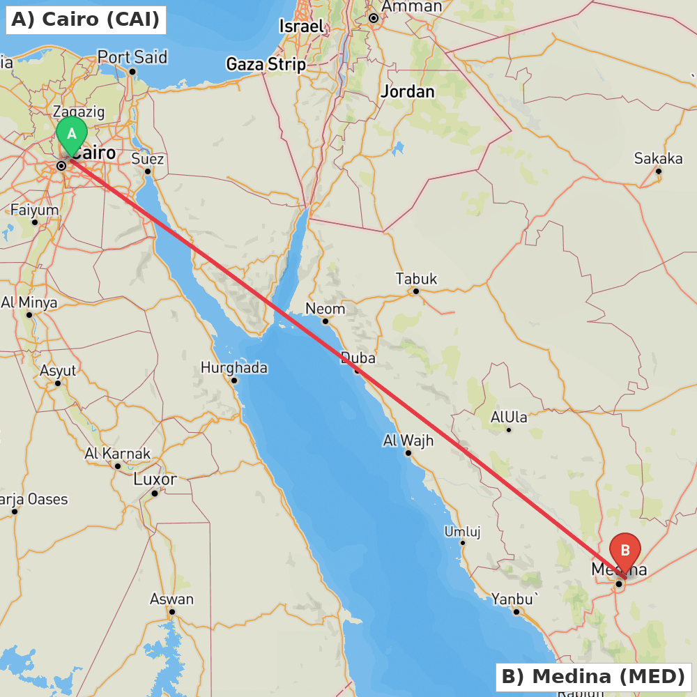 Flight route map from Cairo to Medina