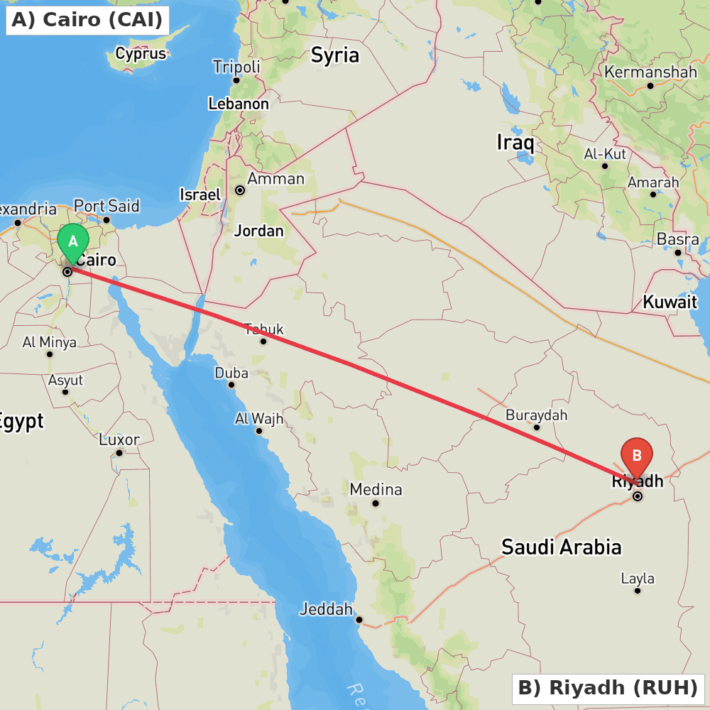 Flight route map from Cairo to Riyadh