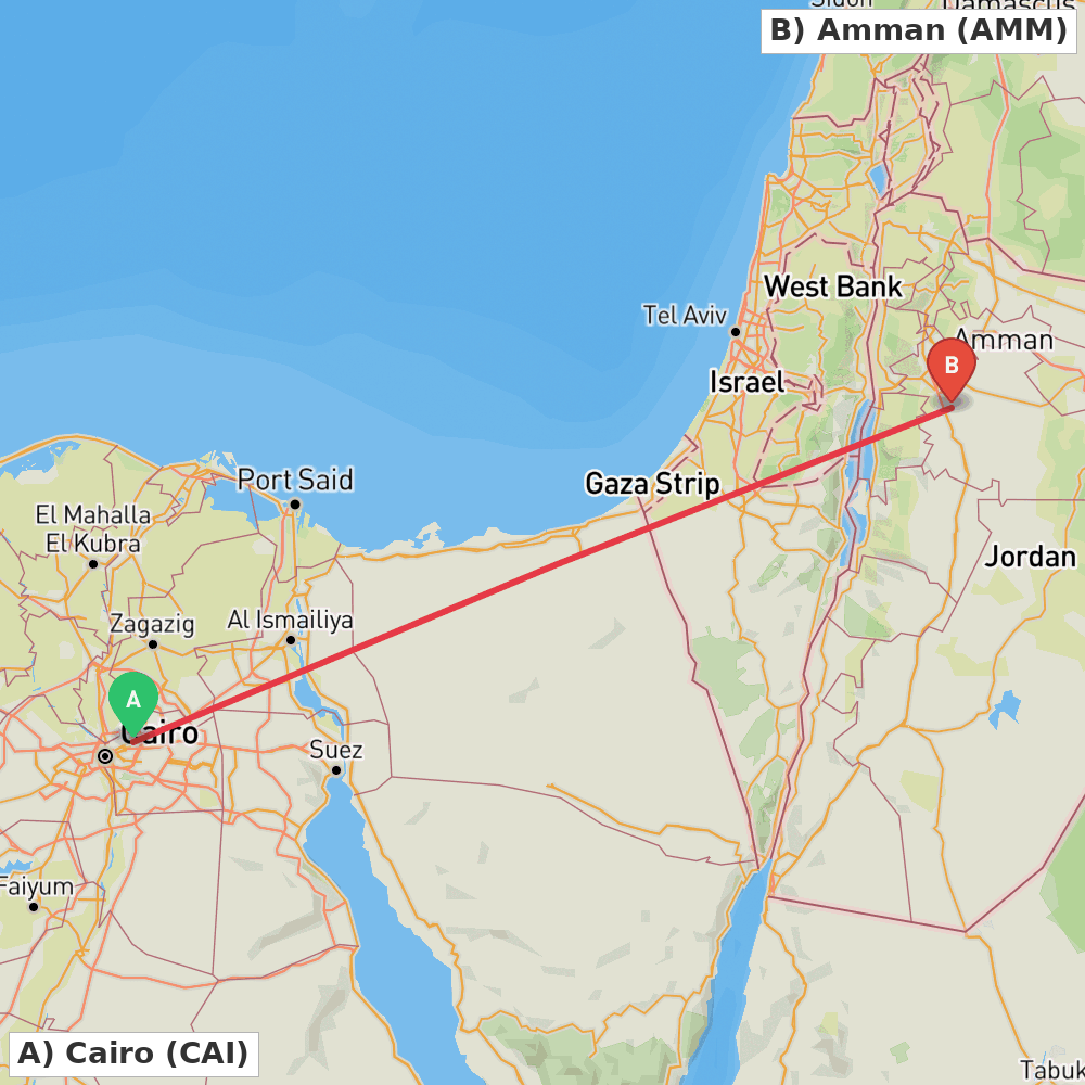 Flight route map from Cairo to Amman