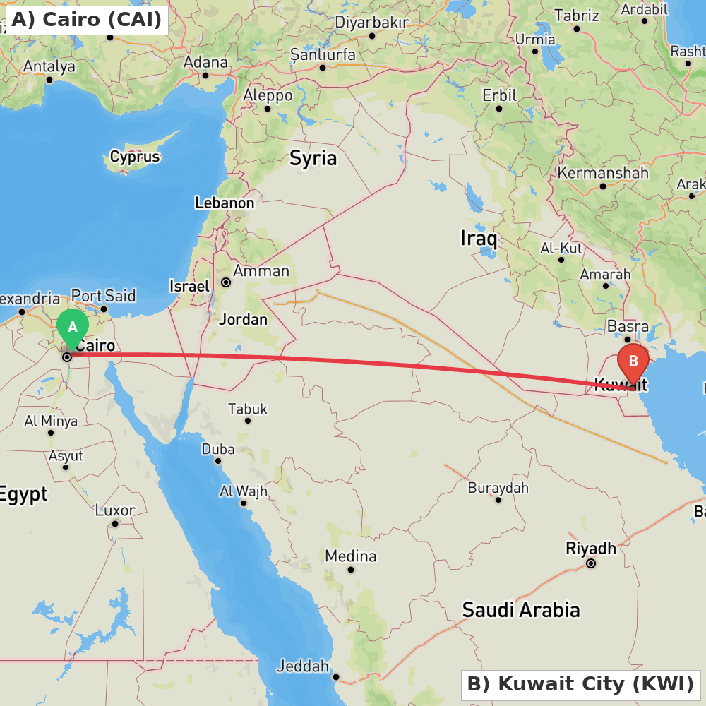 Flight route map from Cairo to Kuwait City