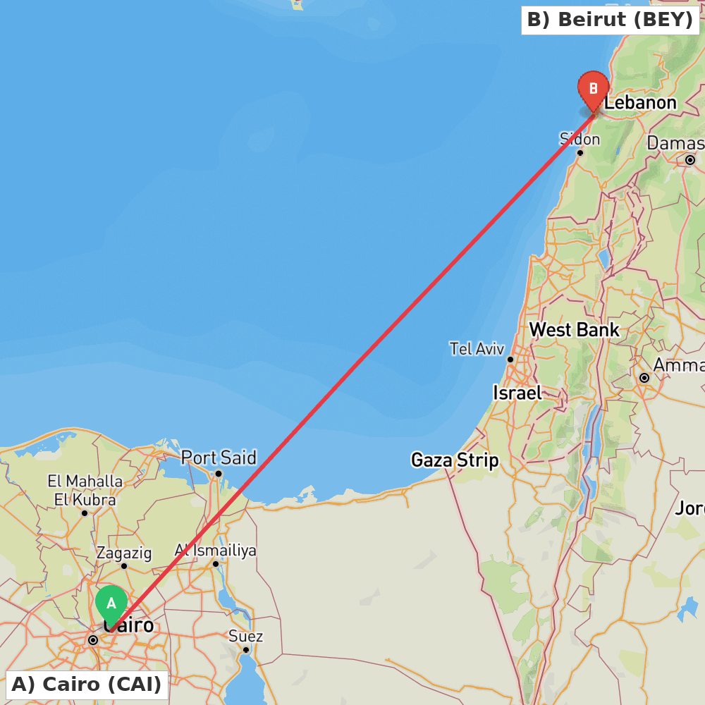 Flight route map from Cairo to Beirut