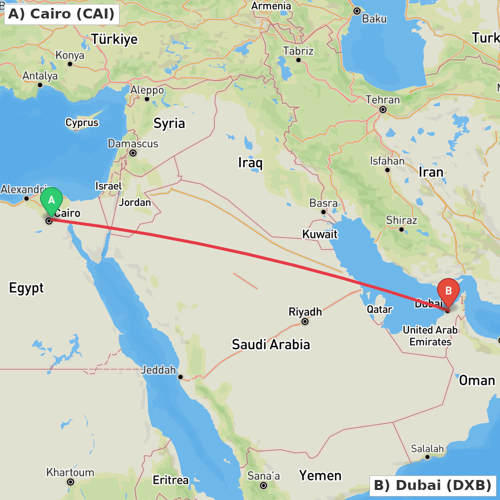 Flight route map from Cairo to Dubai