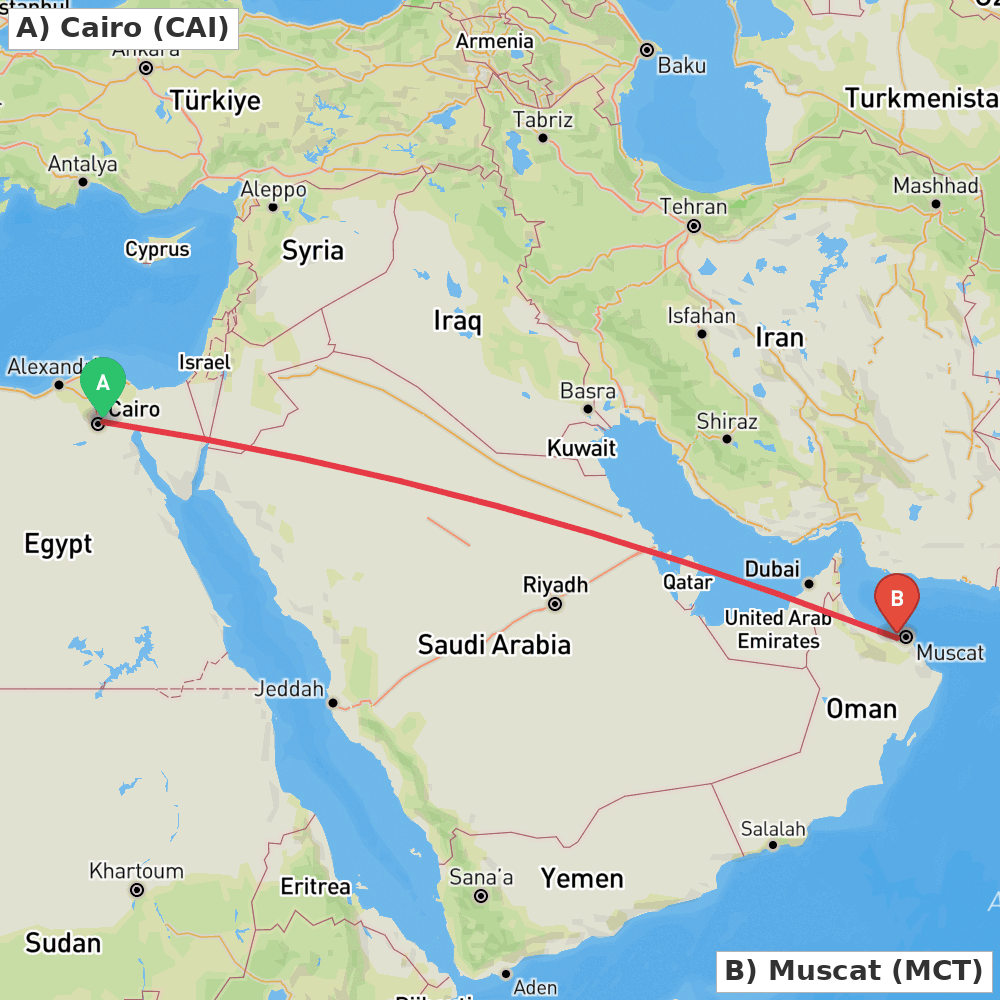 Flight route map from Cairo to Muscat