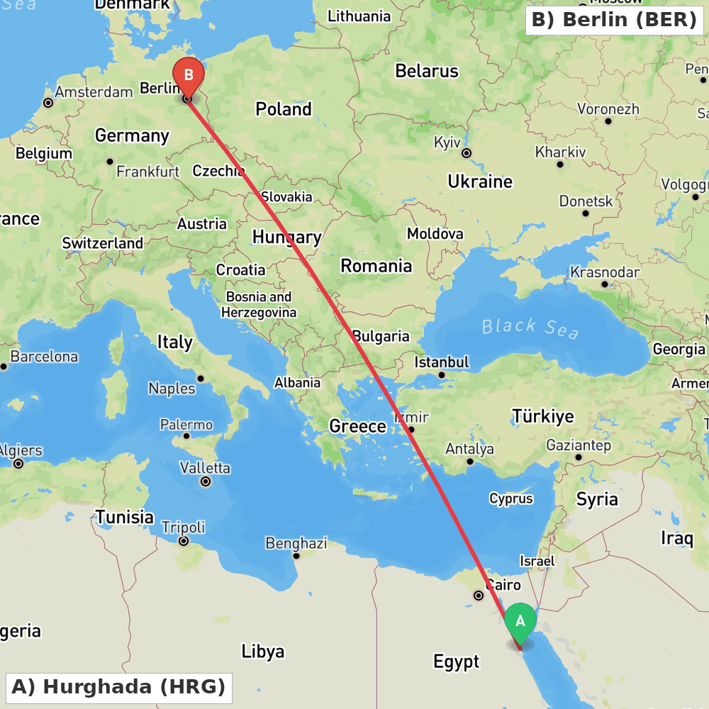 Flight route map from Hurghada to Berlin